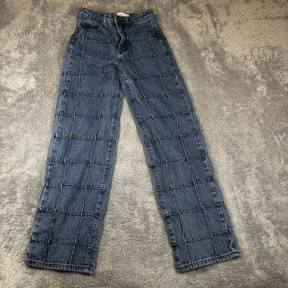 Rue21 Womens Size 2 Patchwork Grid Exposed Seam Straight Leg Blue Denim Jeans